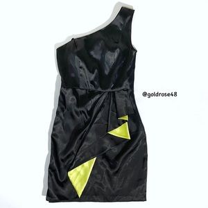 Bebe black and neon yellow one shoulder ruffle front cocktail dress